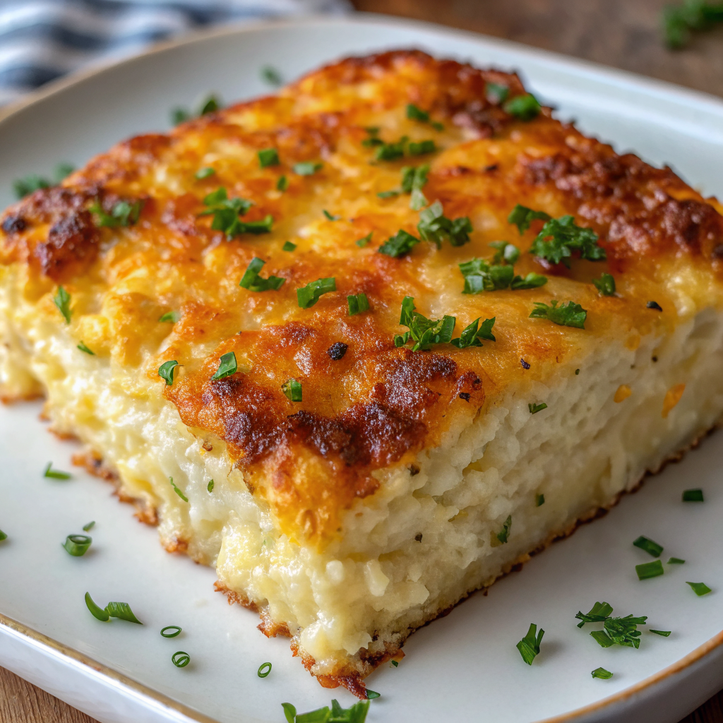 Golden brown Copycat Cracker Barrel Hashbrown Casserole served in a white dish, showing the creamy interior and perfectly melted cheese topping