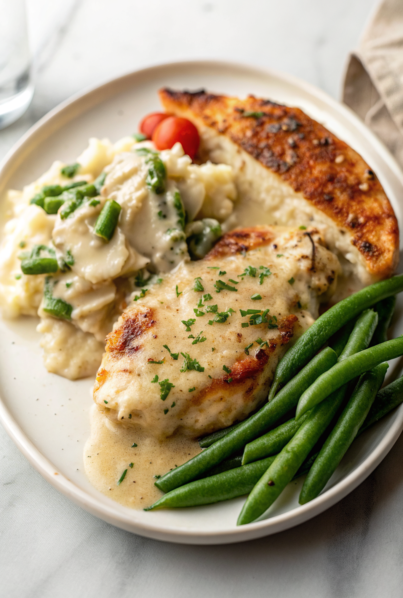 Finished creamy garlic parmesan chicken plated elegantly with fresh parsley garnish and creamy sauce pooled around golden-brown chicken pieces