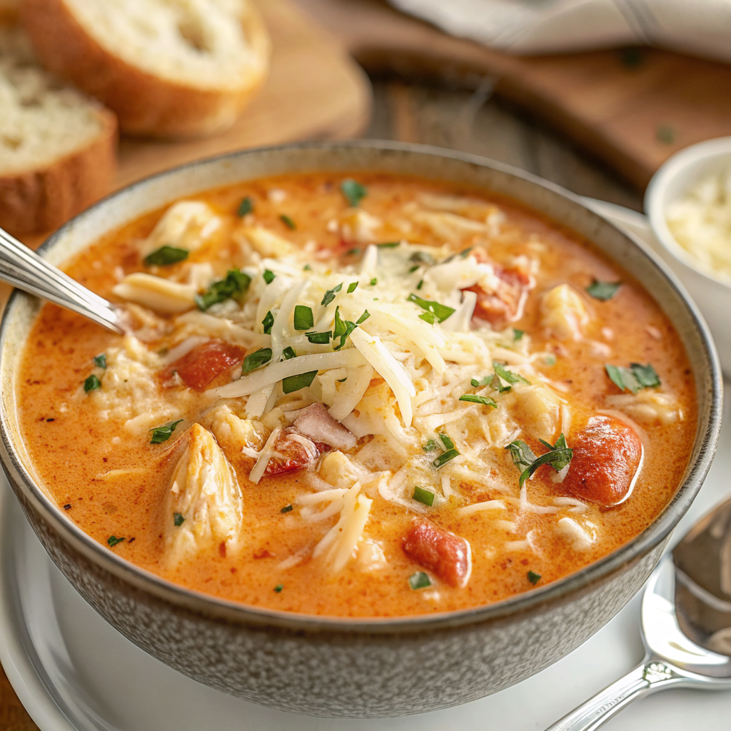 A steaming bowl of finished Crock Pot Creamy Chicken Parmesan Soup garnished with fresh parsley and grated Parmesan