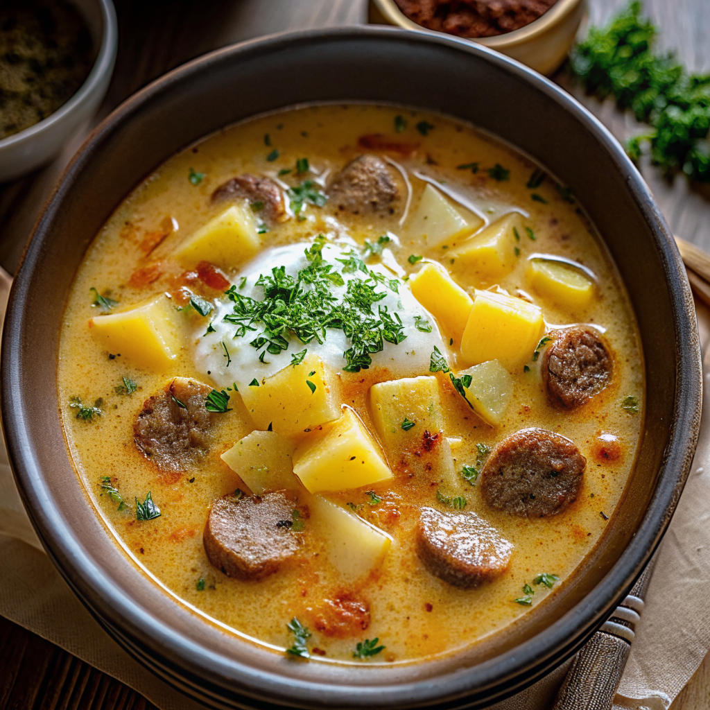 Beautiful bowl of finished Classic Beef Sausage Potato Soup garnished with fresh chives, sour cream swirl, and shredded cheese, presented in rustic ceramic bowl