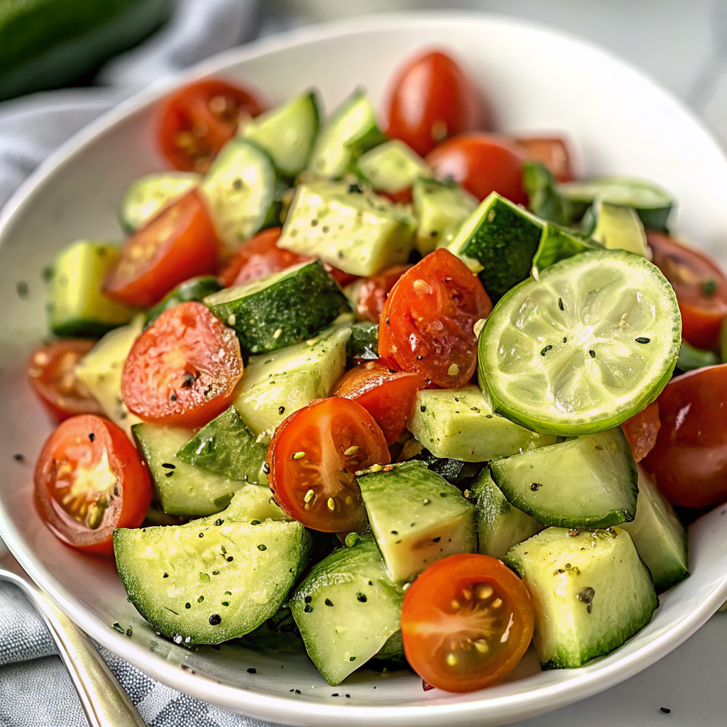 Beautiful finished cucumber tomato avocado salad in a large white serving bowl, garnished with fresh cilantro, showing the perfect balance of colorful vegetables with creamy avocado chunks