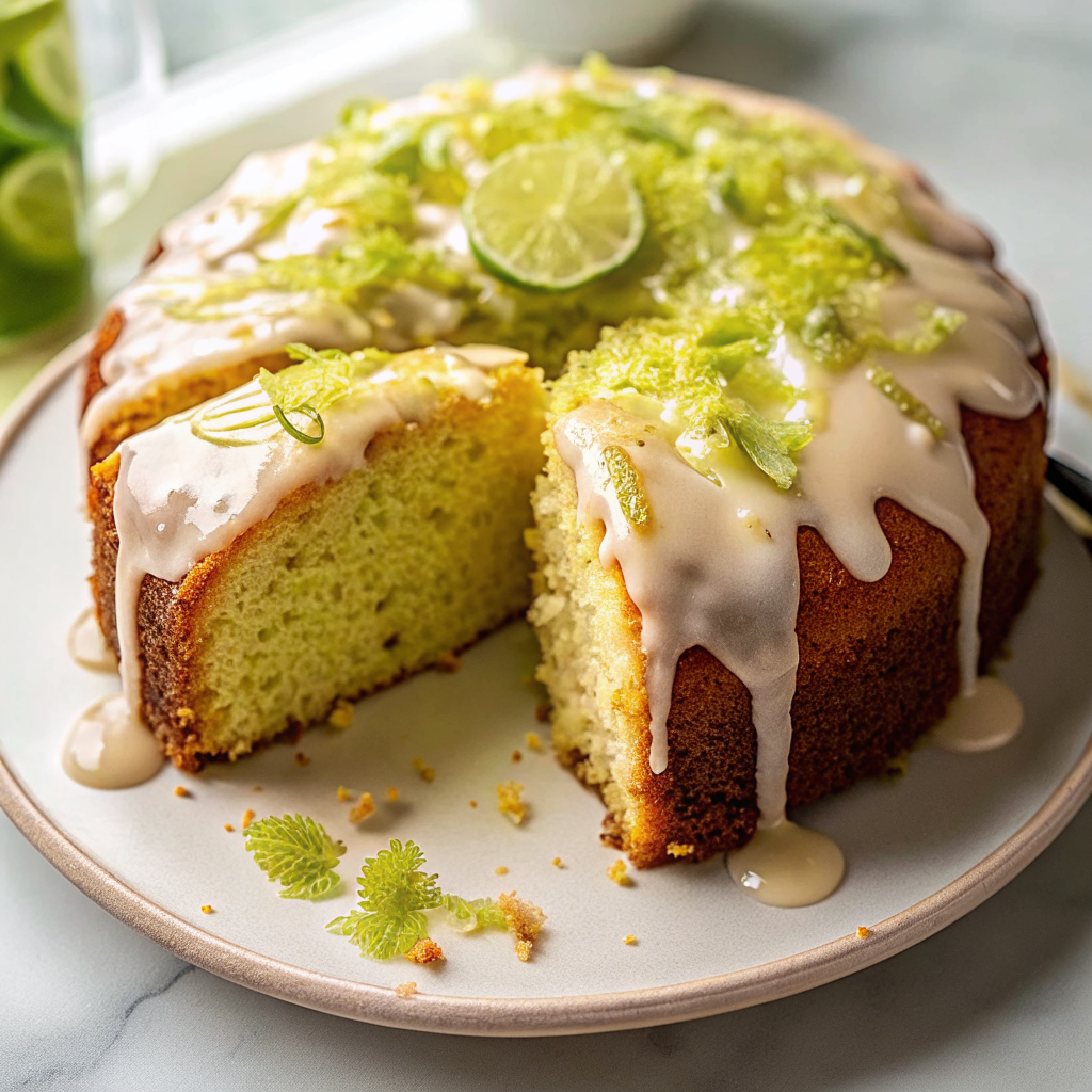 Finished Key Lime Pound Cake with glossy glaze dripping down sides, garnished with lime zest on a white cake stand