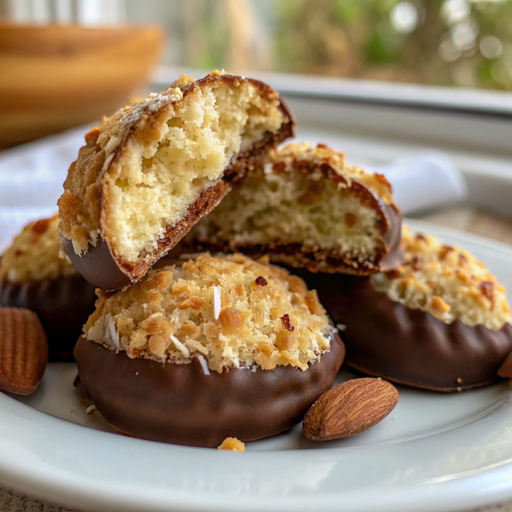 Final presentation of homemade healthy almond joys beautifully arranged on an elegant serving platter with garnishes