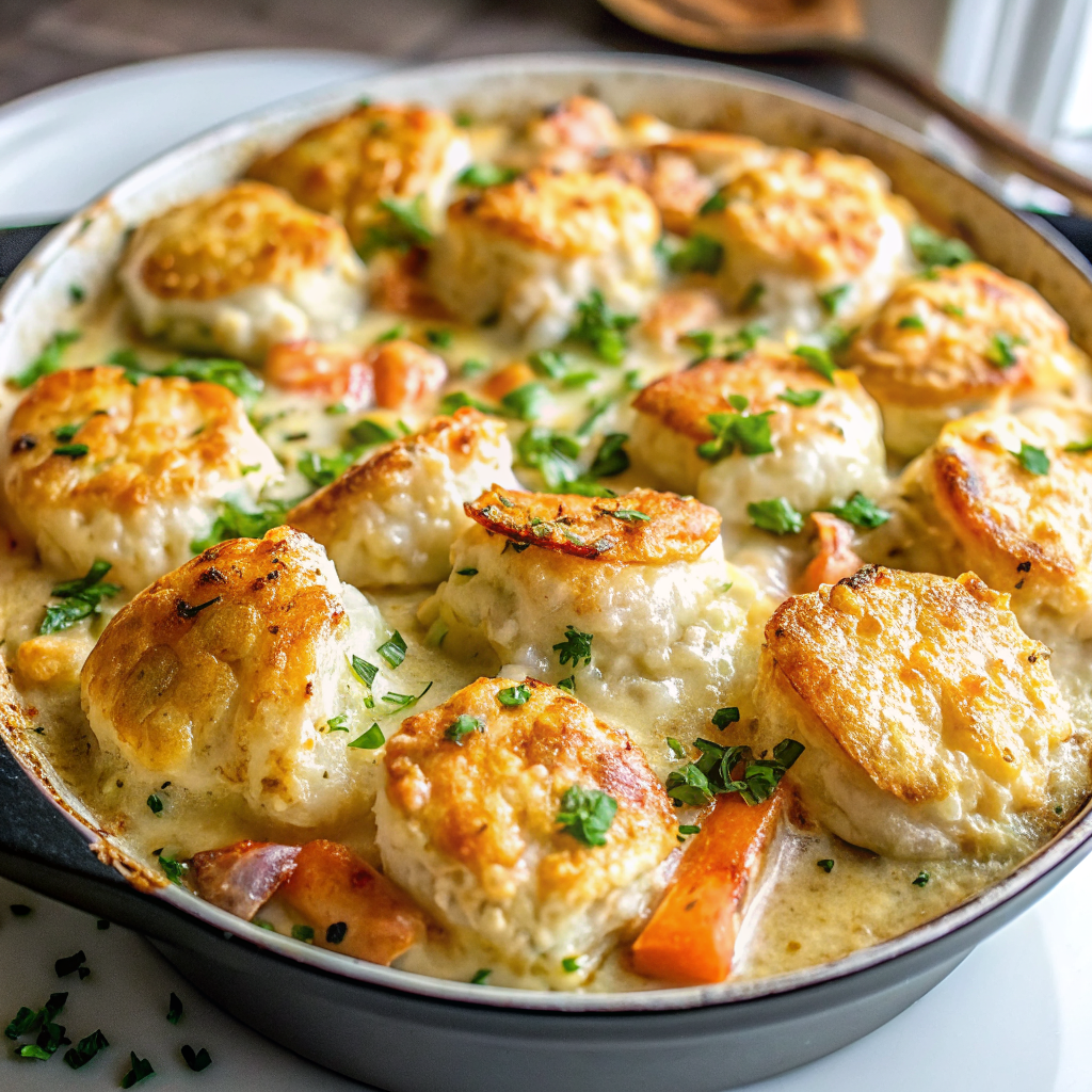 Finished Shrimp & Lobster Cheddar Bay Biscuit Pot Pie with golden biscuit topping and visible seafood filling