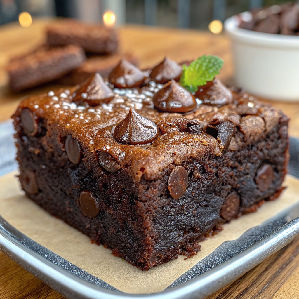 Stack of perfectly cut flourless Greek yogurt brownies showing fudgy texture with chocolate chips