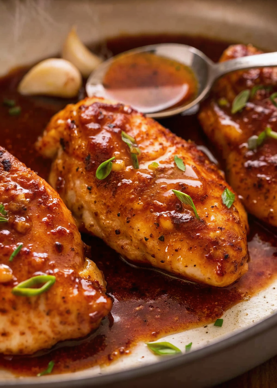 Perfectly plated honey garlic chicken breast with glossy golden glaze on white plate garnished with fresh herbs