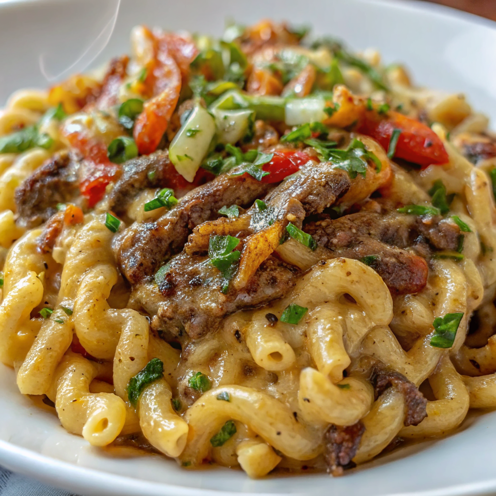 Final plated high-protein philly cheesesteak mac in white bowl garnished with fresh herbs and cracked black pepper