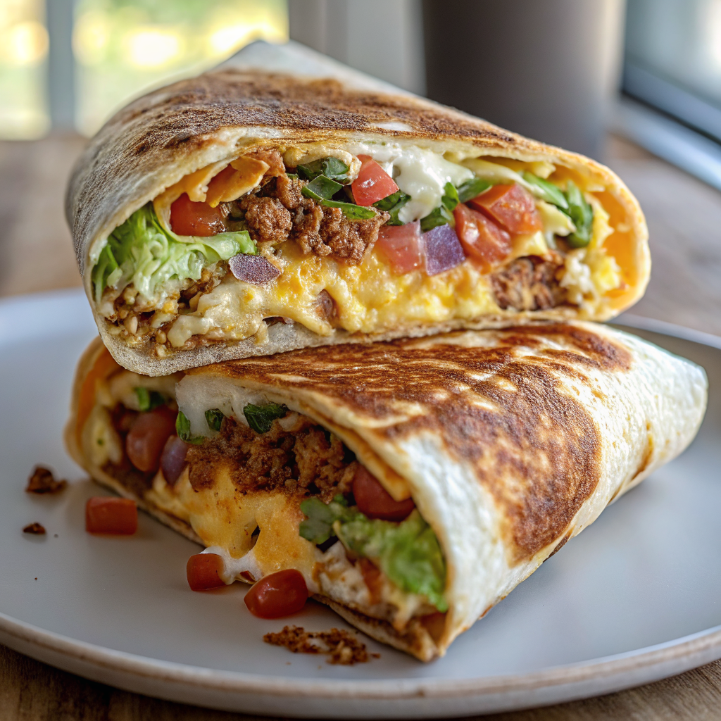 Golden-brown breakfast crunchwrap cut in half showing perfectly layered interior with melted cheese, scrambled eggs, seasoned turkey, and fresh vegetables