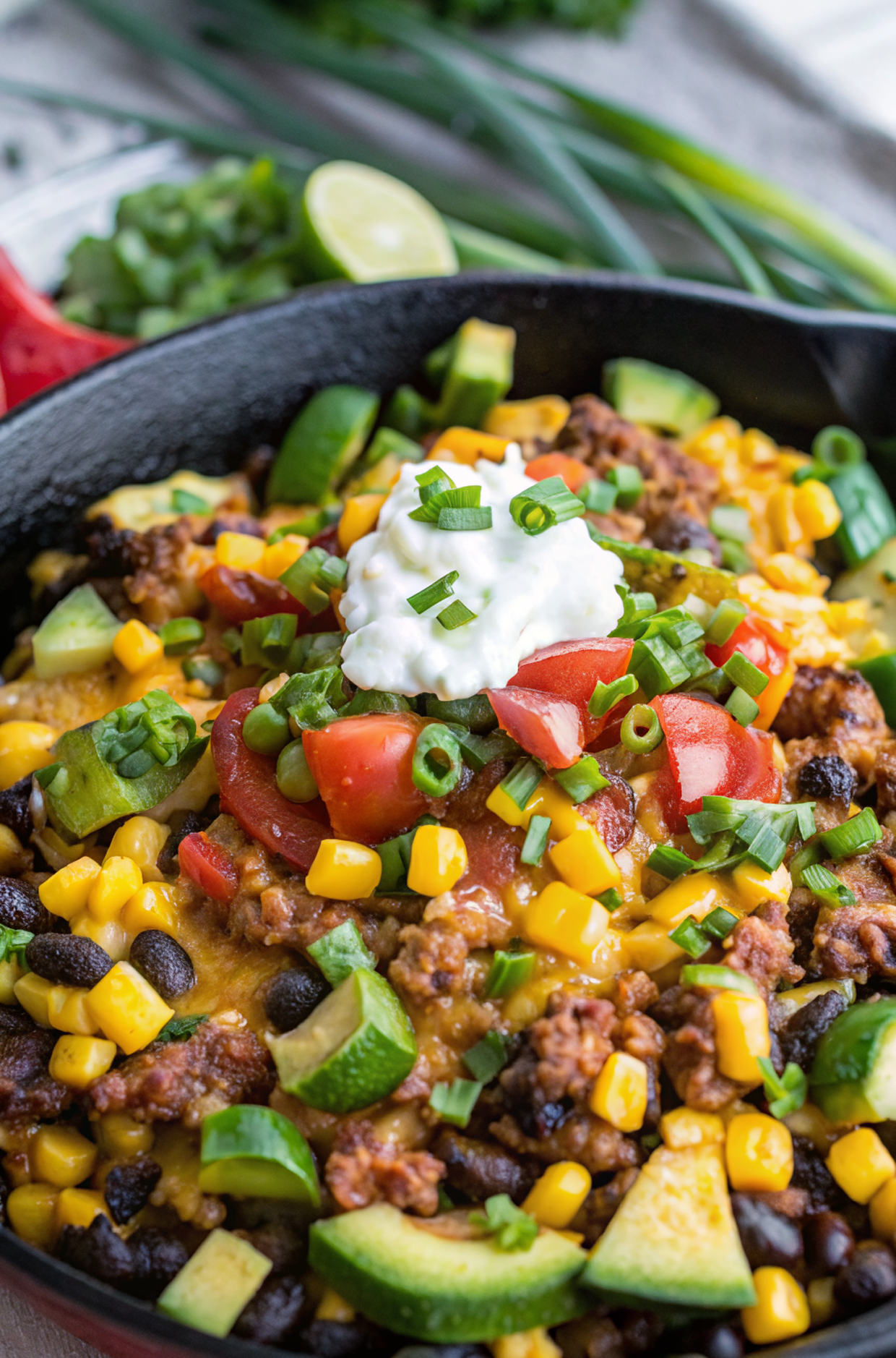 Final plated Cheesy One Pan Zucchini Taco Skillet with colorful garnishes and professional presentation