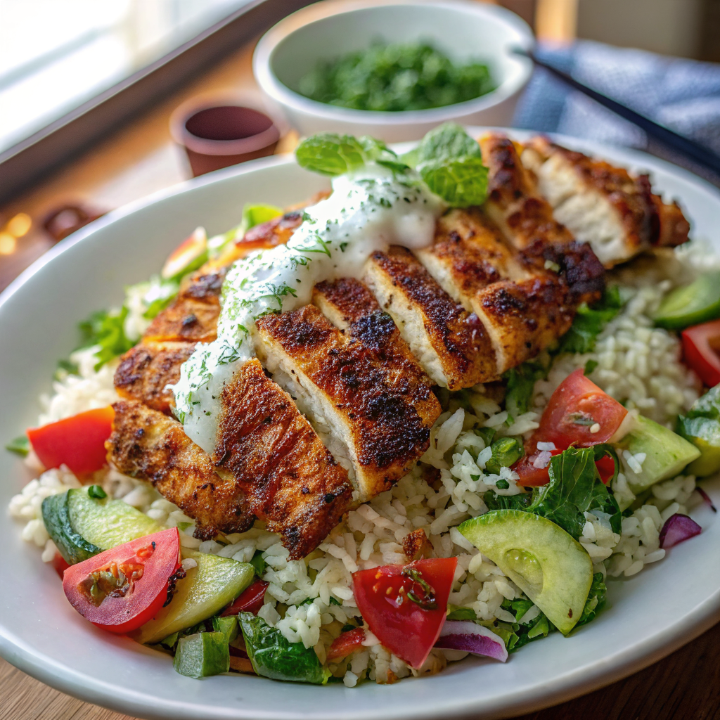 Beautiful finished Chicken Shawarma Crispy Rice Salad in a large serving bowl, showing golden crispy rice, perfectly seasoned chicken slices, fresh vegetables, and herbs with dressing drizzled over top