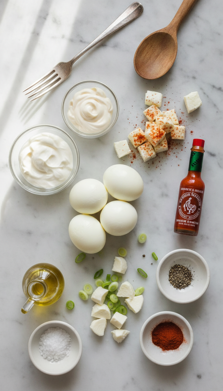 Fresh ingredients for crispy egg salad arranged on marble surface including golden hard-boiled eggs, mozzarella cheese, and colorful spices