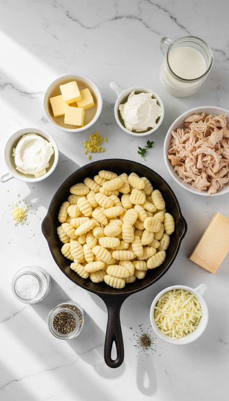 Fresh ingredients for Chicken Alfredo Gnocchi Bake including cream cheese, heavy cream, gnocchi, and chicken