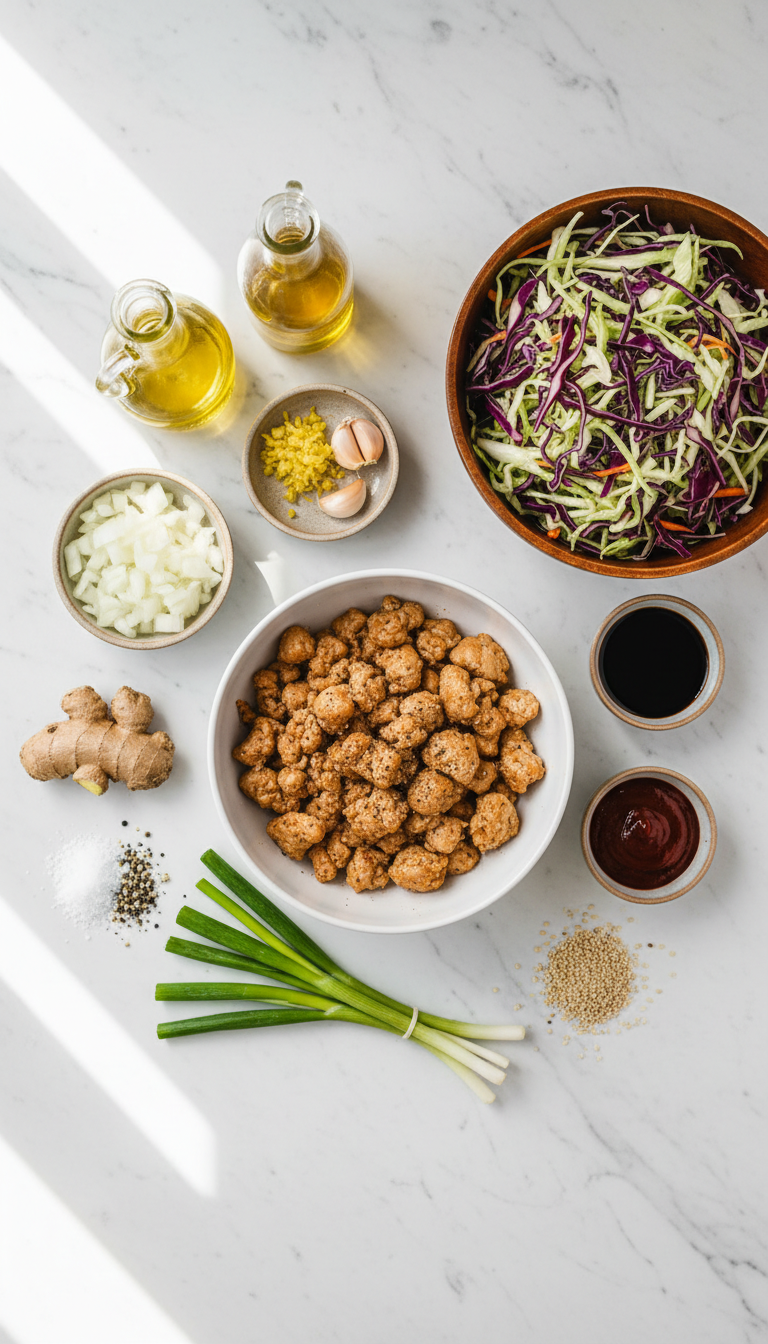 Fresh ingredients for Chicken Egg Roll in a Bowl including ground chicken, coleslaw mix, sesame oil, soy sauce, garlic, and green onions arranged on a wooden cutting board