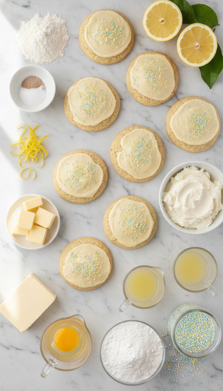 Fresh ingredients for Italian Lemon Ricotta Cookies including flour, ricotta cheese, butter, sugar, eggs, and bright yellow lemons arranged on a marble countertop