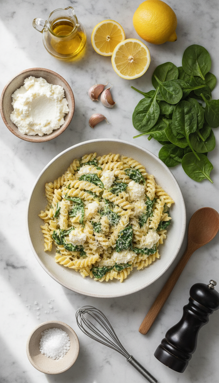 Fresh ingredients for lemon ricotta pasta with spinach including whole milk ricotta, bright green baby spinach, golden lemon zest, and al dente pasta arranged on a marble surface