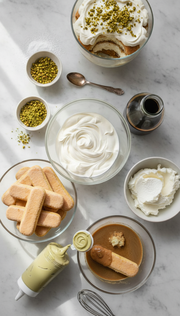Fresh ingredients for pistachio tiramisu arranged beautifully including mascarpone, savoiardi fingers, pistachio cream, and coffee