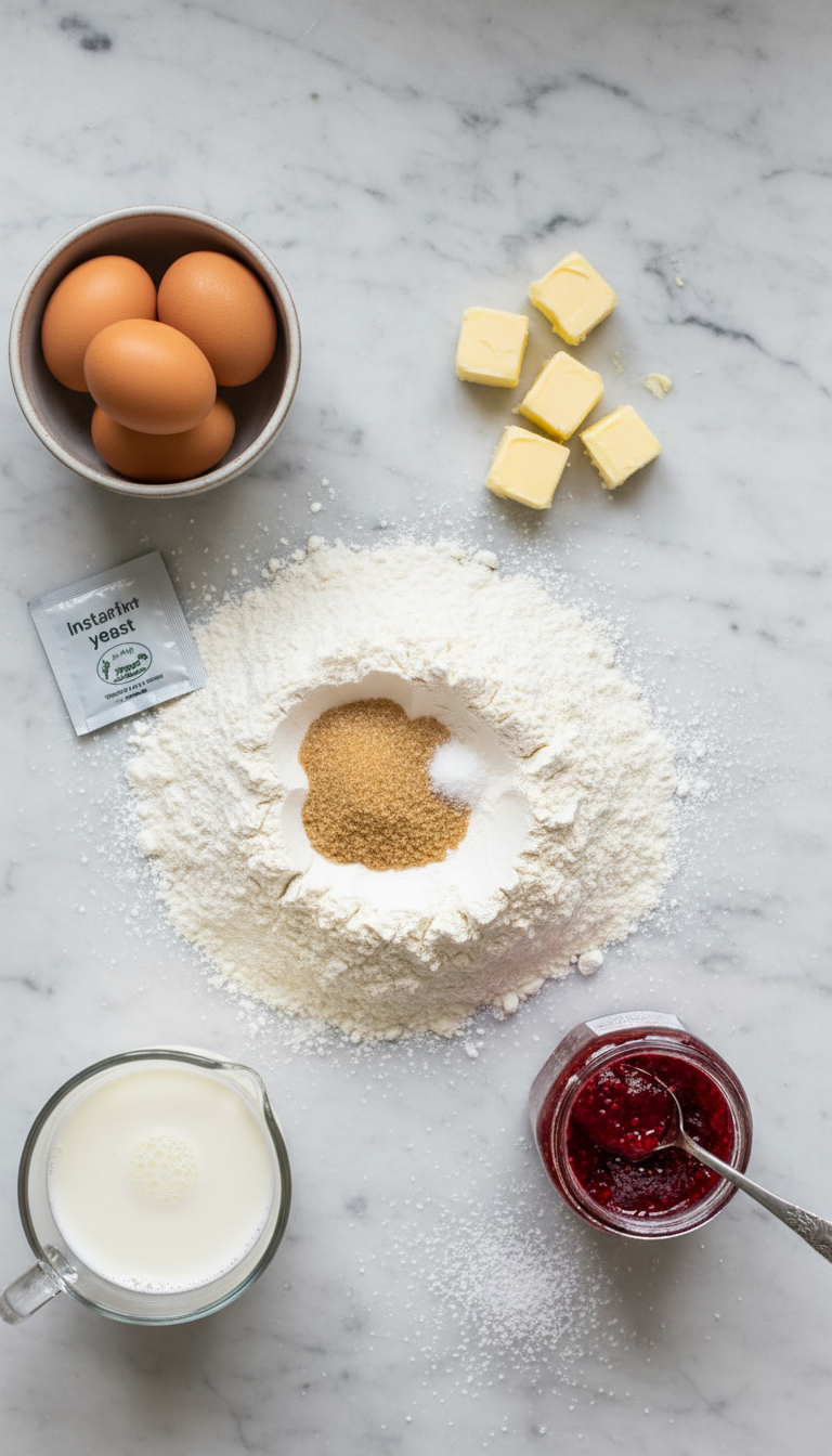 Fresh ingredients for Raspberry Swirl Brioche Loaf including flour, eggs, butter, and raspberry jam arranged on a marble countertop