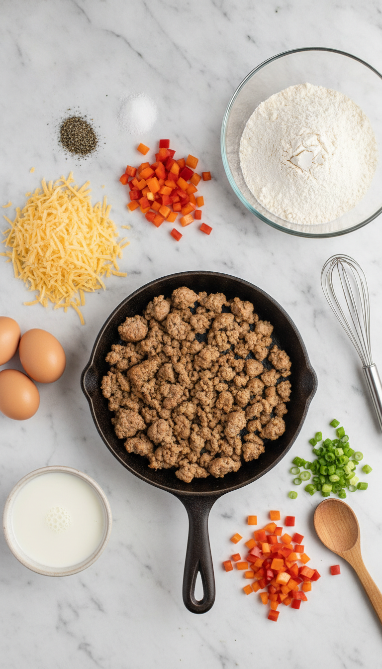 Fresh ingredients laid out for Sausage and Cheddar Breakfast Bites including cooked sausage, sharp cheddar cheese, eggs, milk, flour, and seasonings