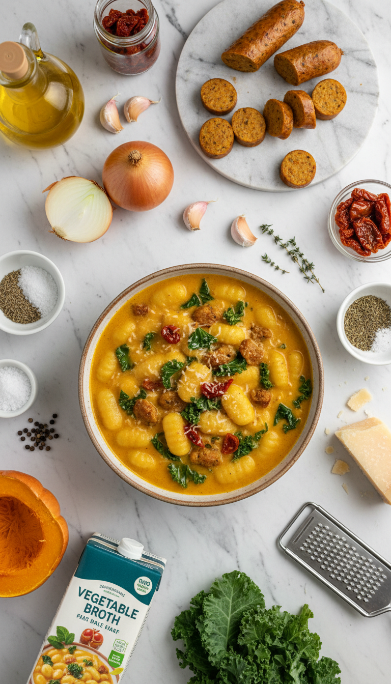 Fresh ingredients for savory butternut squash gnocchi soup including butternut squash cubes, gnocchi, kale, and aromatic vegetables arranged on a wooden cutting board
