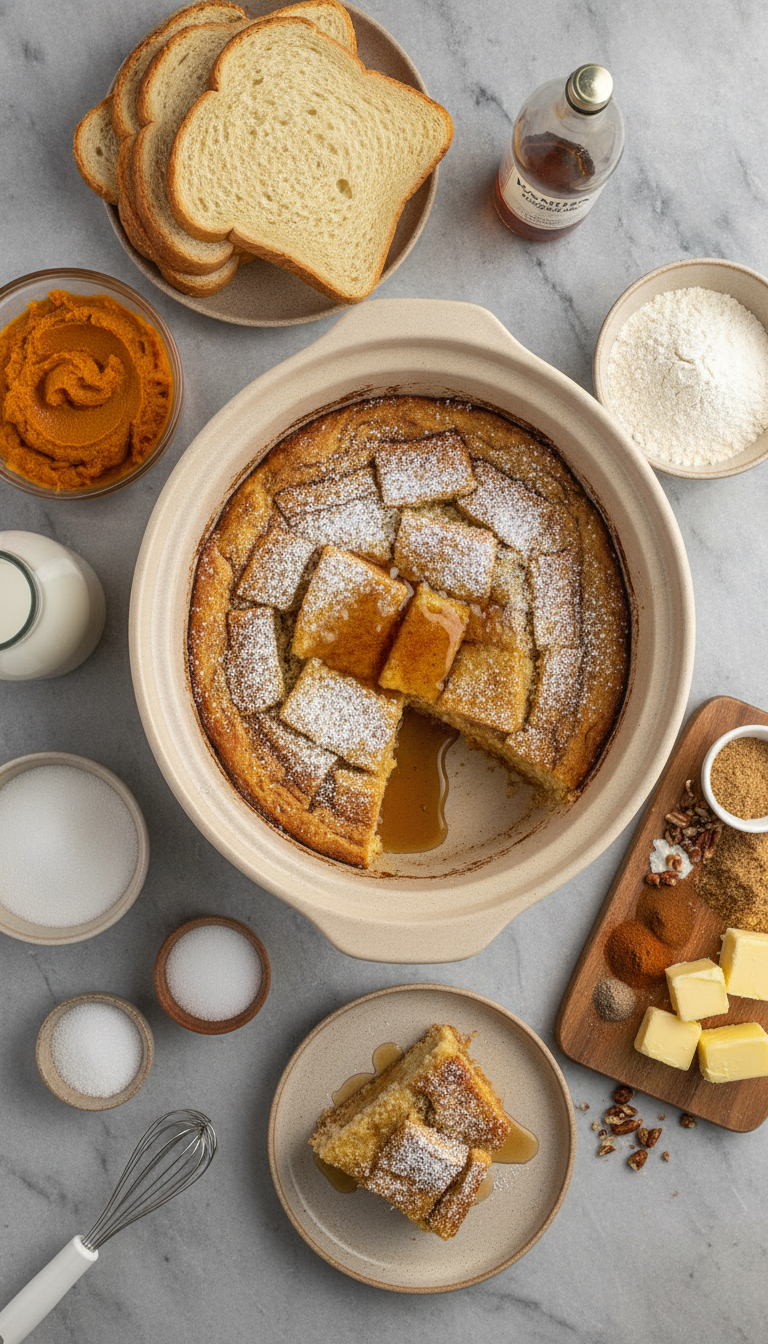 Artfully arranged ingredients for Slow Cooker Pumpkin French Toast Casserole including golden brioche cubes, rich pumpkin puree, and warm spices displayed on a rustic wooden surface