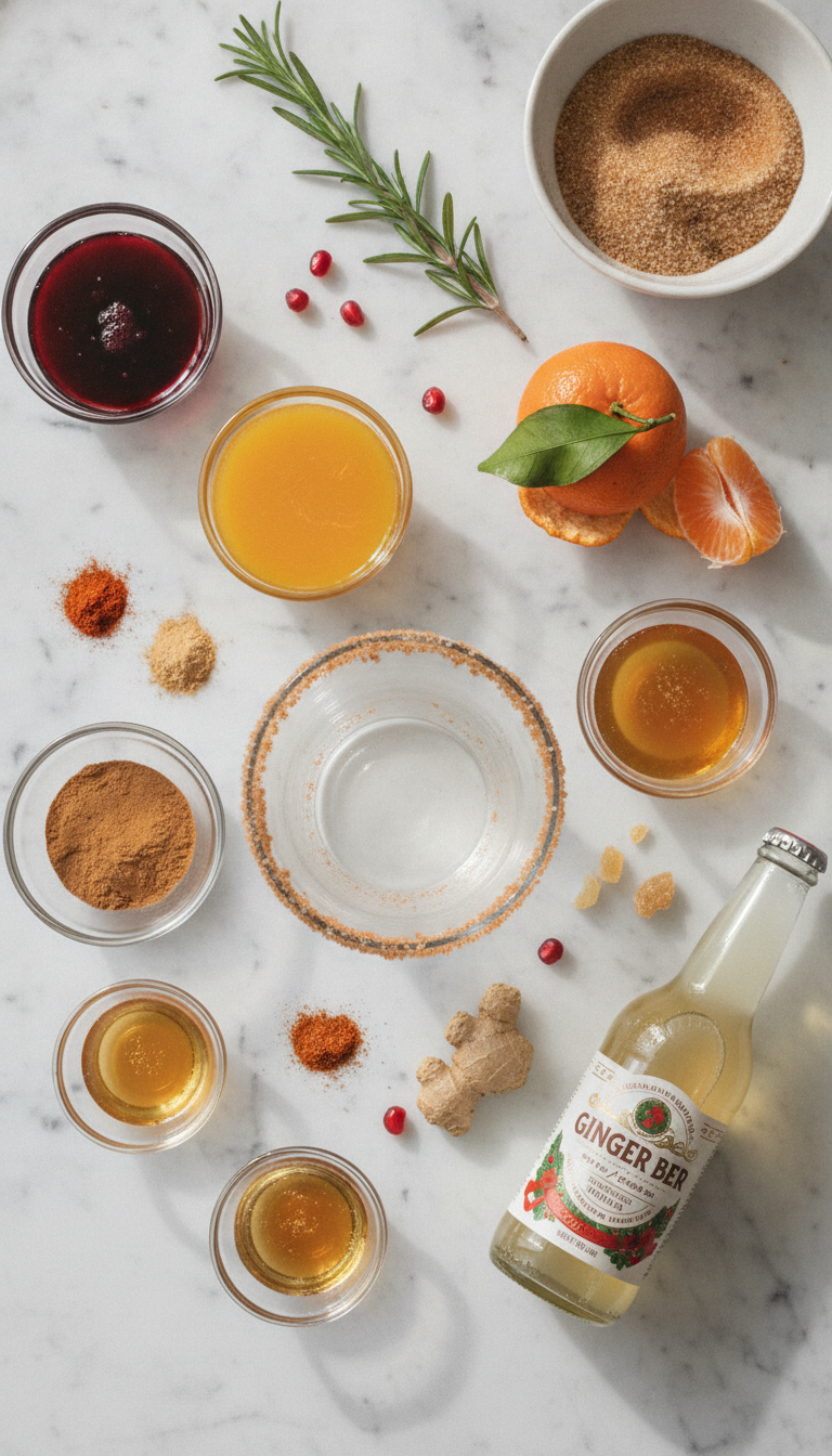 Fresh ingredients for Spiced Christmas Margarita including pomegranate juice, orange juice, honey, and warm spices arranged on marble surface