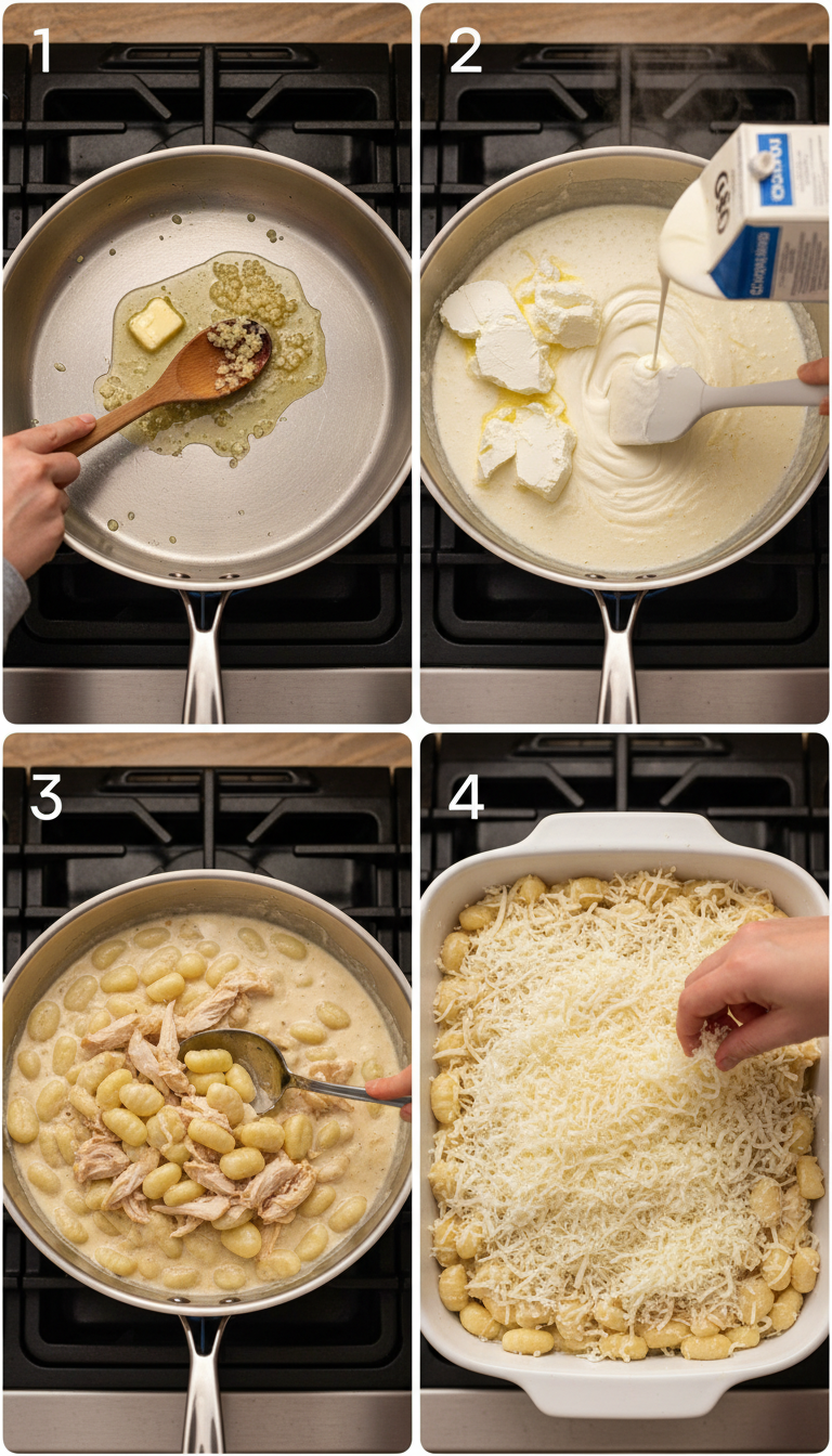 Step by step process of making Chicken Alfredo Gnocchi Bake showing sauce preparation and assembly