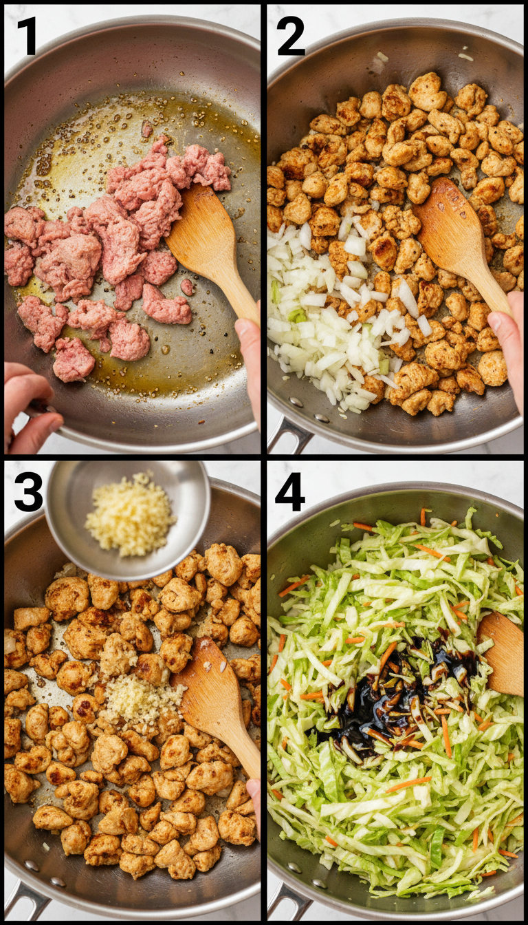 Step-by-step cooking process showing ground chicken browning in skillet, vegetables being added, and final colorful Chicken Egg Roll in a Bowl