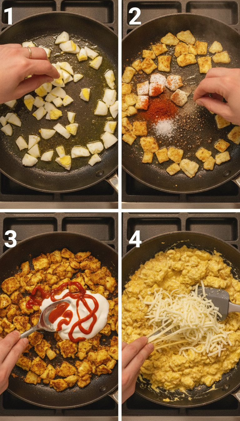 Step-by-step process showing eggs being pan-fried to golden perfection with spices and final plating presentation