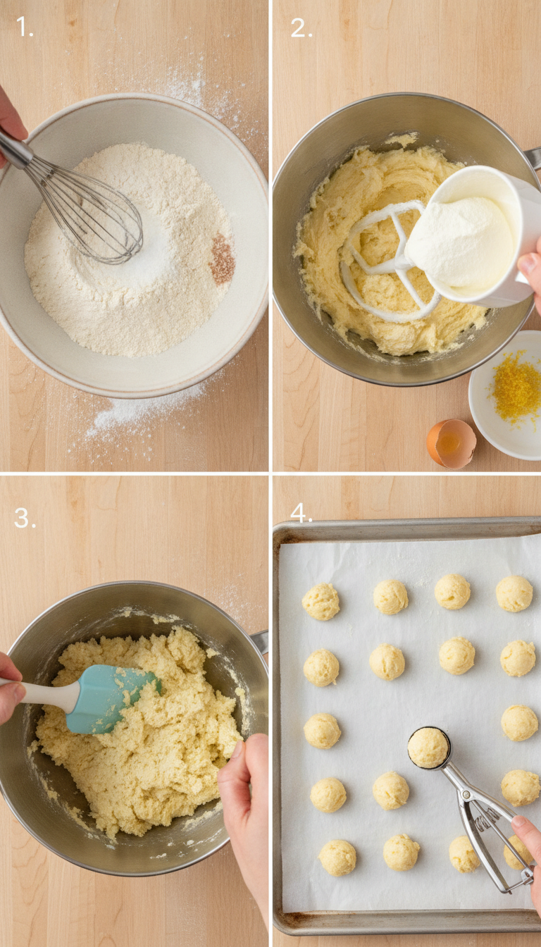 Step-by-step process showing mixing cookie dough, shaping cookies, and applying lemon glaze to Italian Lemon Ricotta Cookies