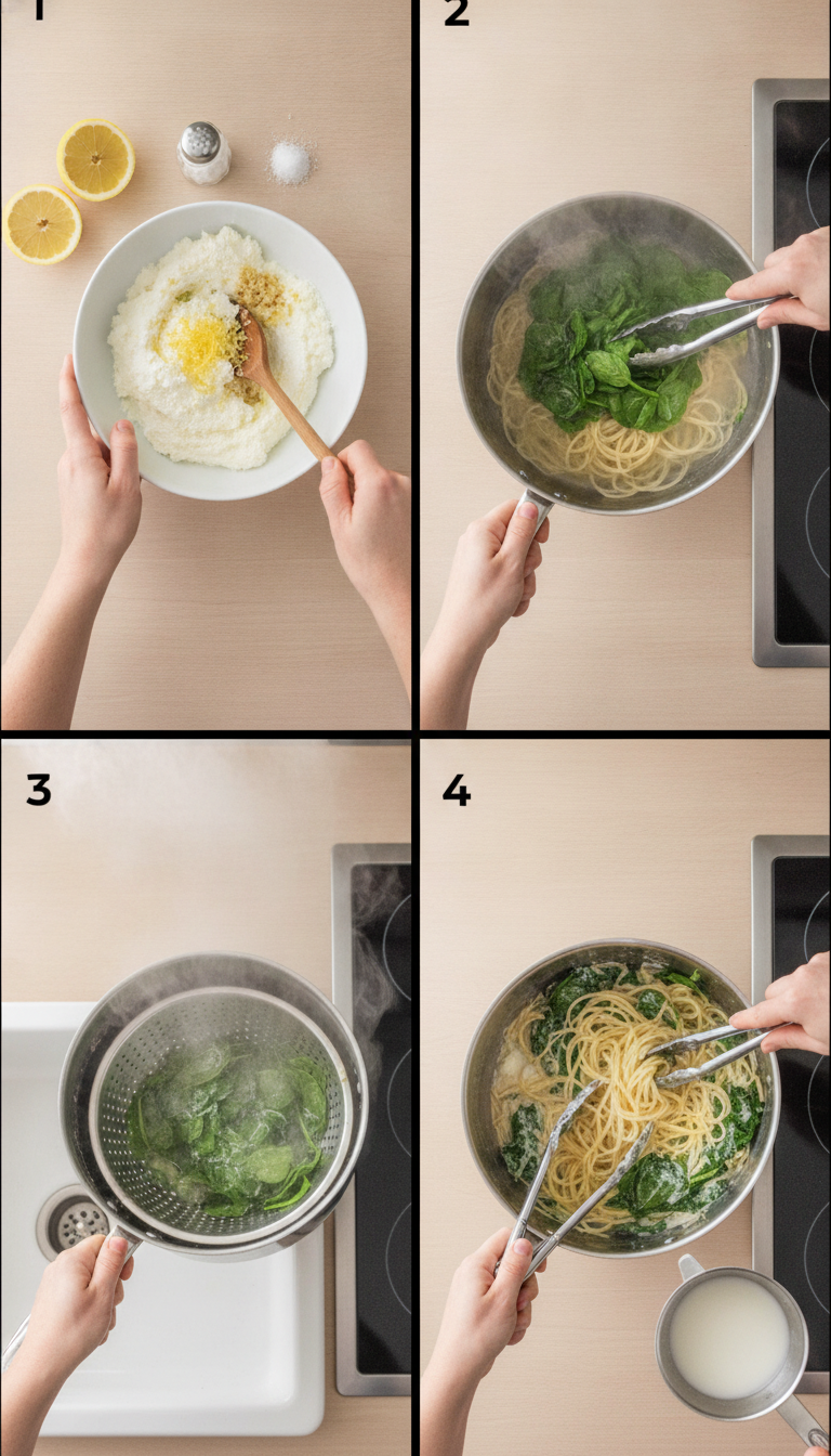 Step by step process of making lemon ricotta pasta with spinach showing pasta cooking, ricotta sauce mixing, and spinach wilting stages