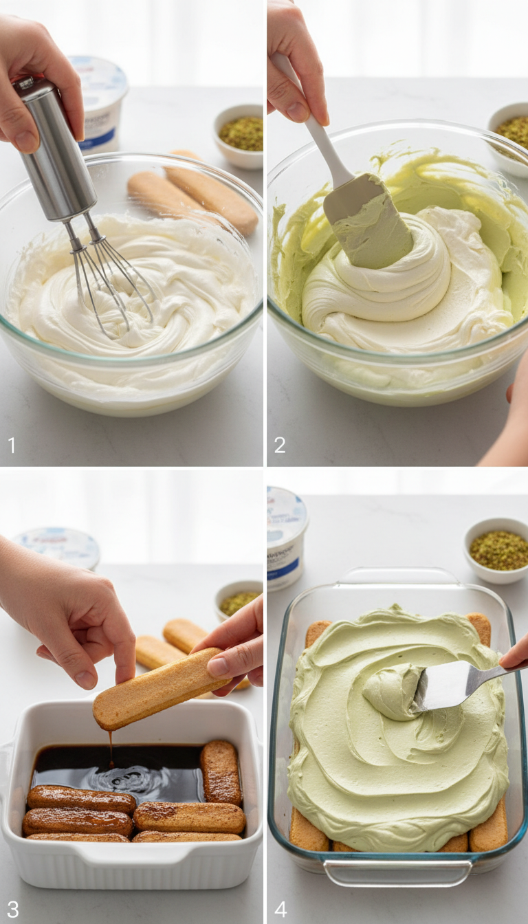 Step by step process of making pistachio tiramisu showing whipping cream, folding ingredients, and layering technique