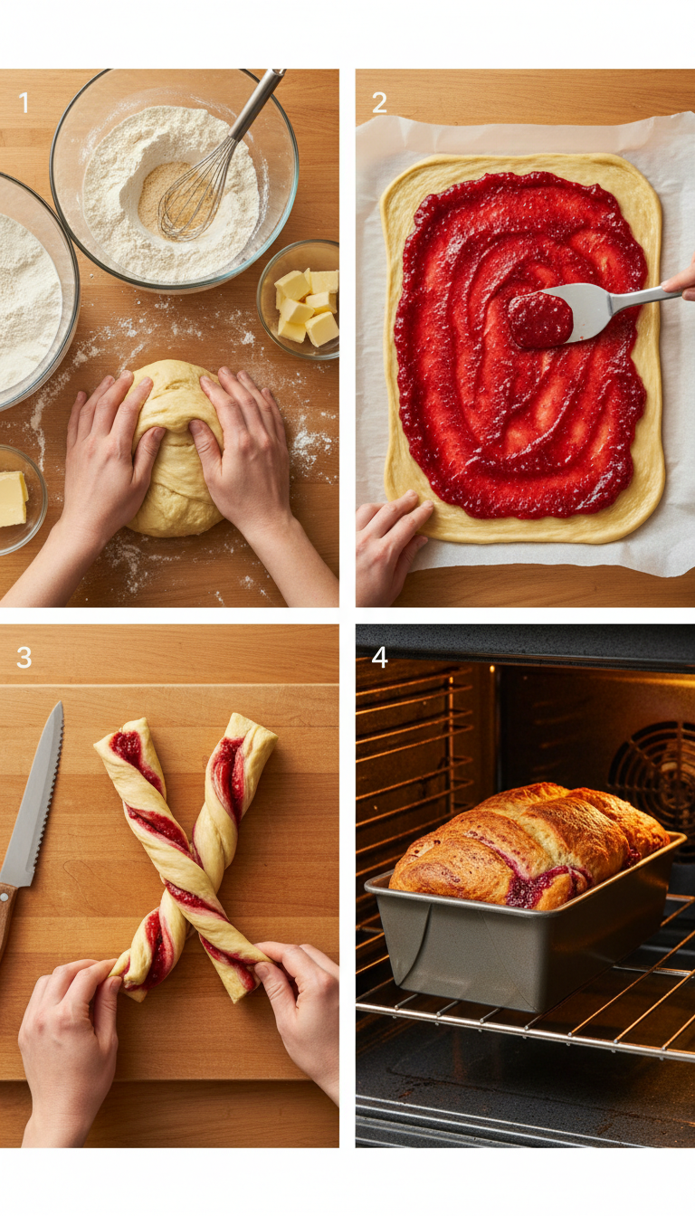Step-by-step visual guide showing the process of making Raspberry Swirl Brioche Loaf from mixing to final baked loaf