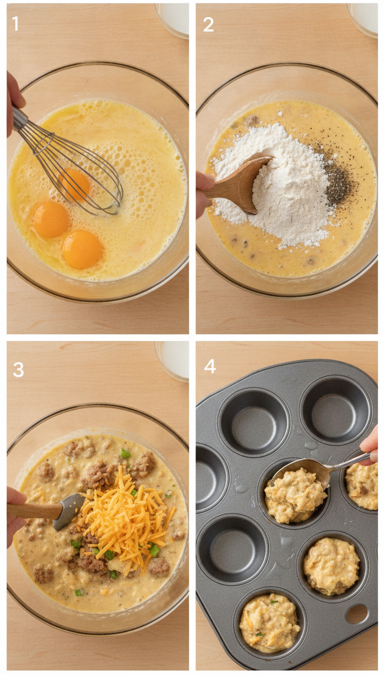 Step-by-step visual guide showing the process of making Sausage and Cheddar Breakfast Bites from mixing to final golden bites