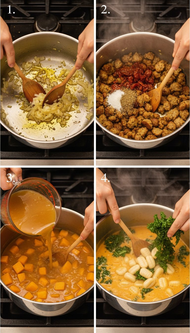 Step-by-step visual guide showing the progression of making butternut squash gnocchi soup from sautéing aromatics to the finished creamy soup