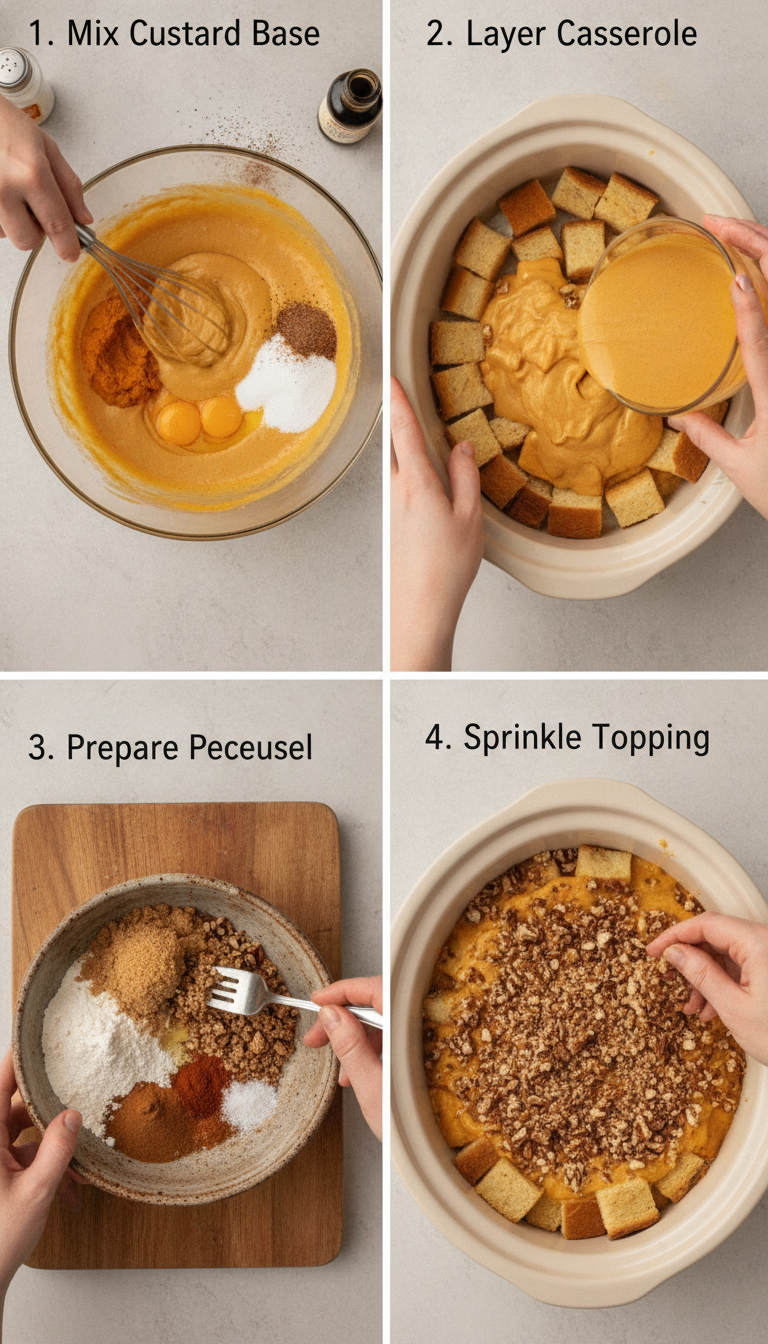 Step-by-step visual guide showing the layering process of Slow Cooker Pumpkin French Toast Casserole with golden brioche cubes and orange pumpkin custard