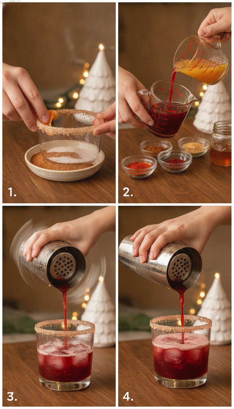 Step-by-step visual guide showing the preparation process of Spiced Christmas Margarita from rim preparation to final garnish