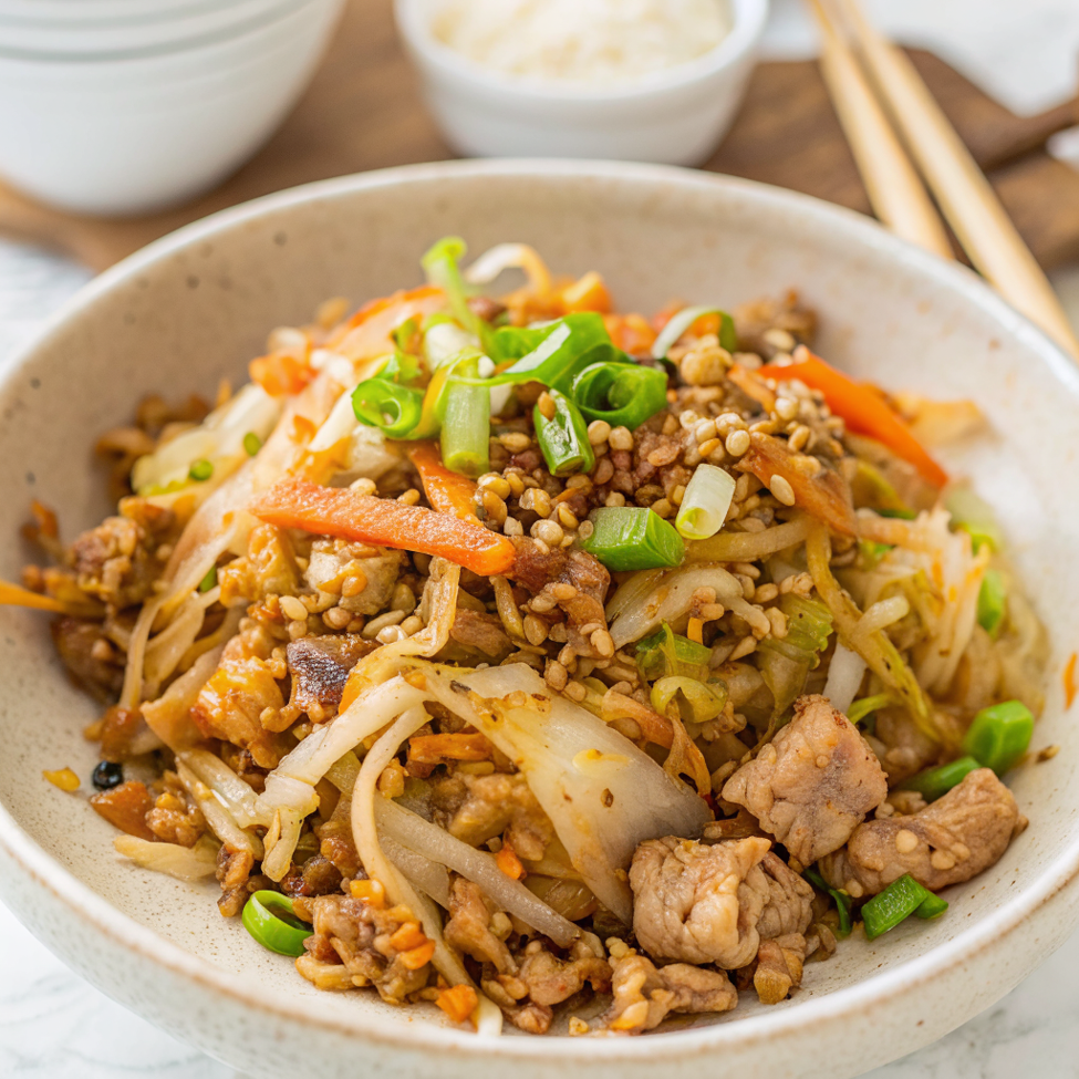 Beautiful finished Chicken Egg Roll in a Bowl garnished with green onions and sesame seeds in a white bowl, showing colorful vegetables and tender chicken