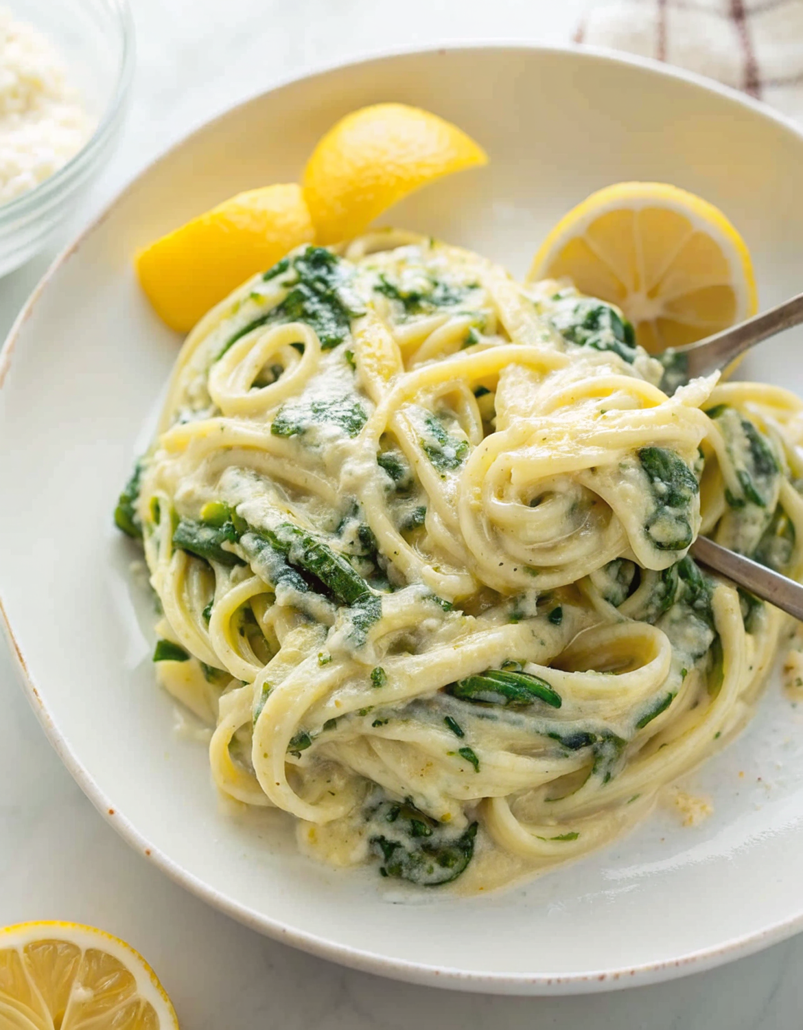 Beautifully plated lemon ricotta pasta with spinach in white bowl, garnished with Parmesan shavings, lemon wedges, and olive oil drizzle, photographed in natural lighting