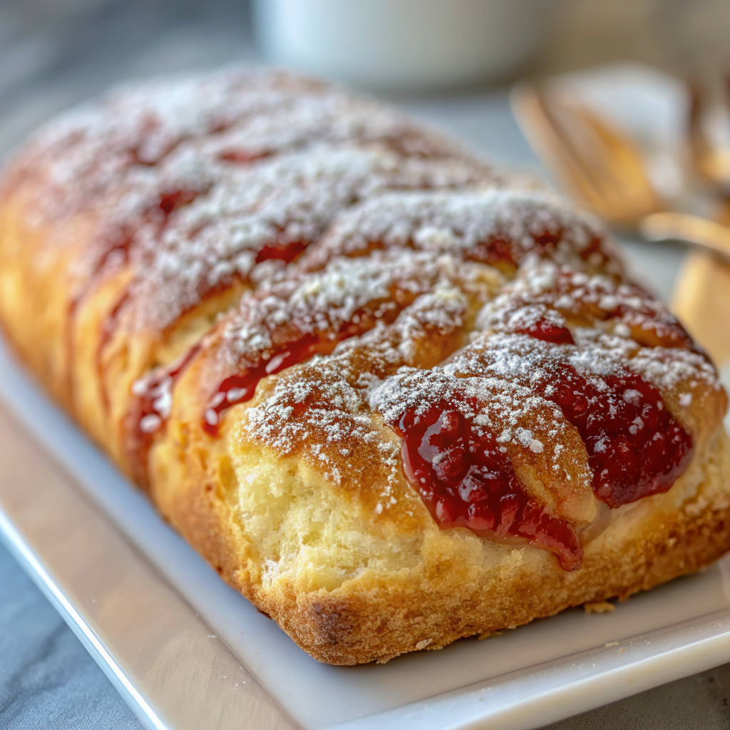 Beautiful sliced Raspberry Swirl Brioche Loaf showing perfect spiral patterns and golden crumb on a rustic wooden cutting board