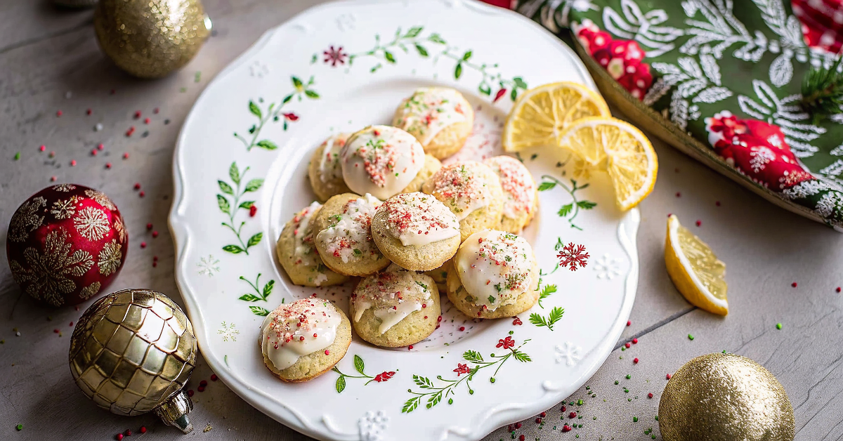 Beautiful finished Italian Lemon Ricotta Cookies with glossy lemon glaze and sparkling sugar on an elegant serving platter
