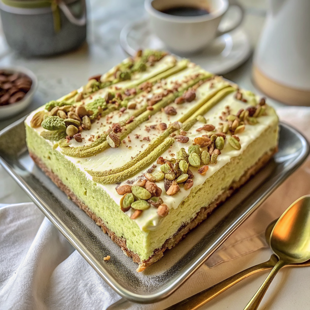 Finished pistachio tiramisu with perfect layers, decorative piping, and garnished with chopped pistachios