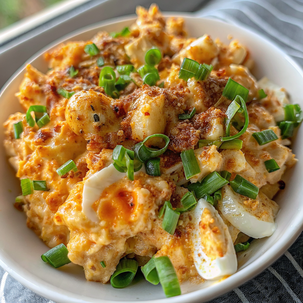 Beautifully plated crispy egg salad with golden edges, melted cheese, and fresh green onion garnish on white ceramic plate