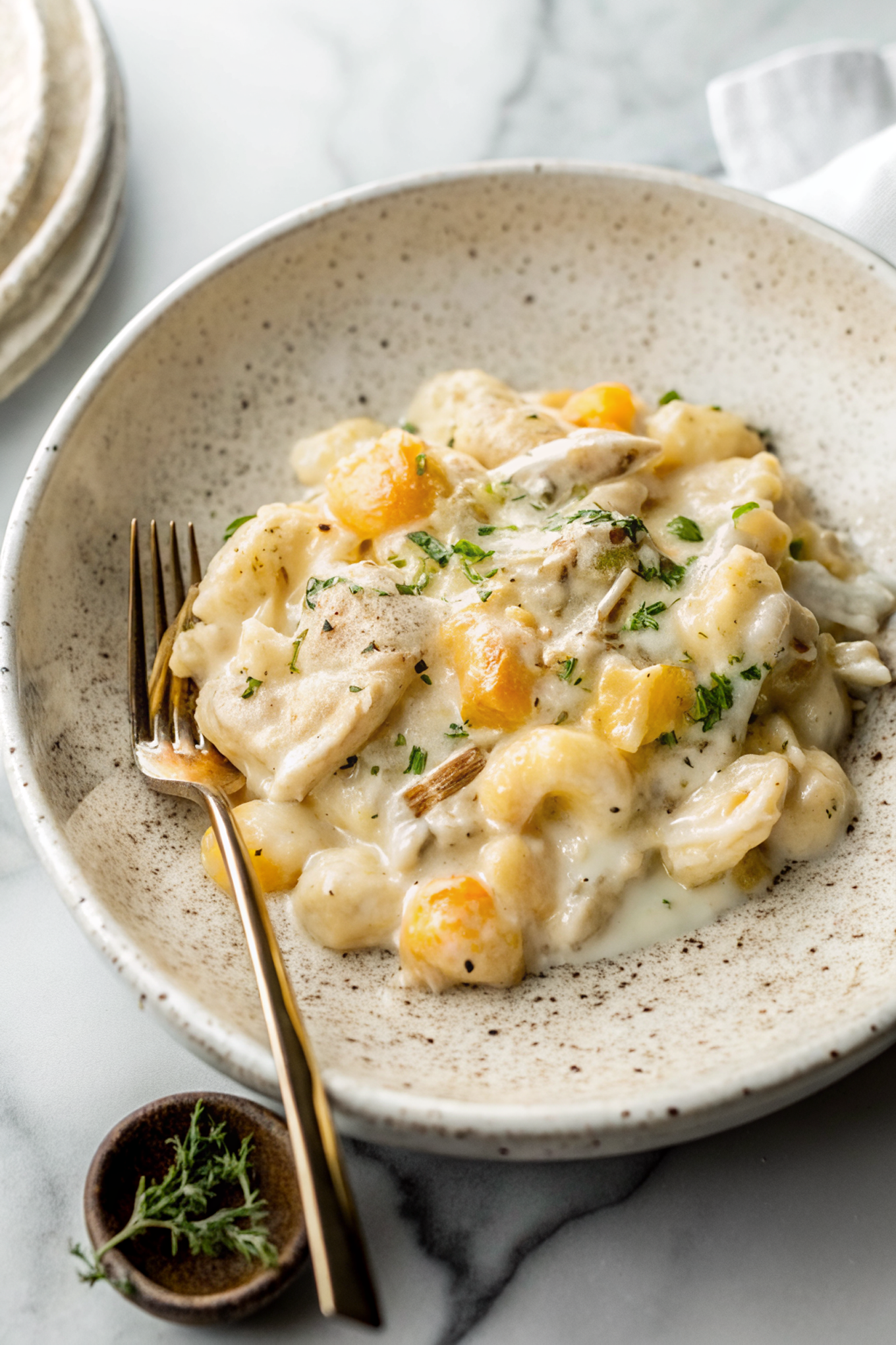 Golden brown Chicken Alfredo Gnocchi Bake fresh from the oven with melted cheese and herbs