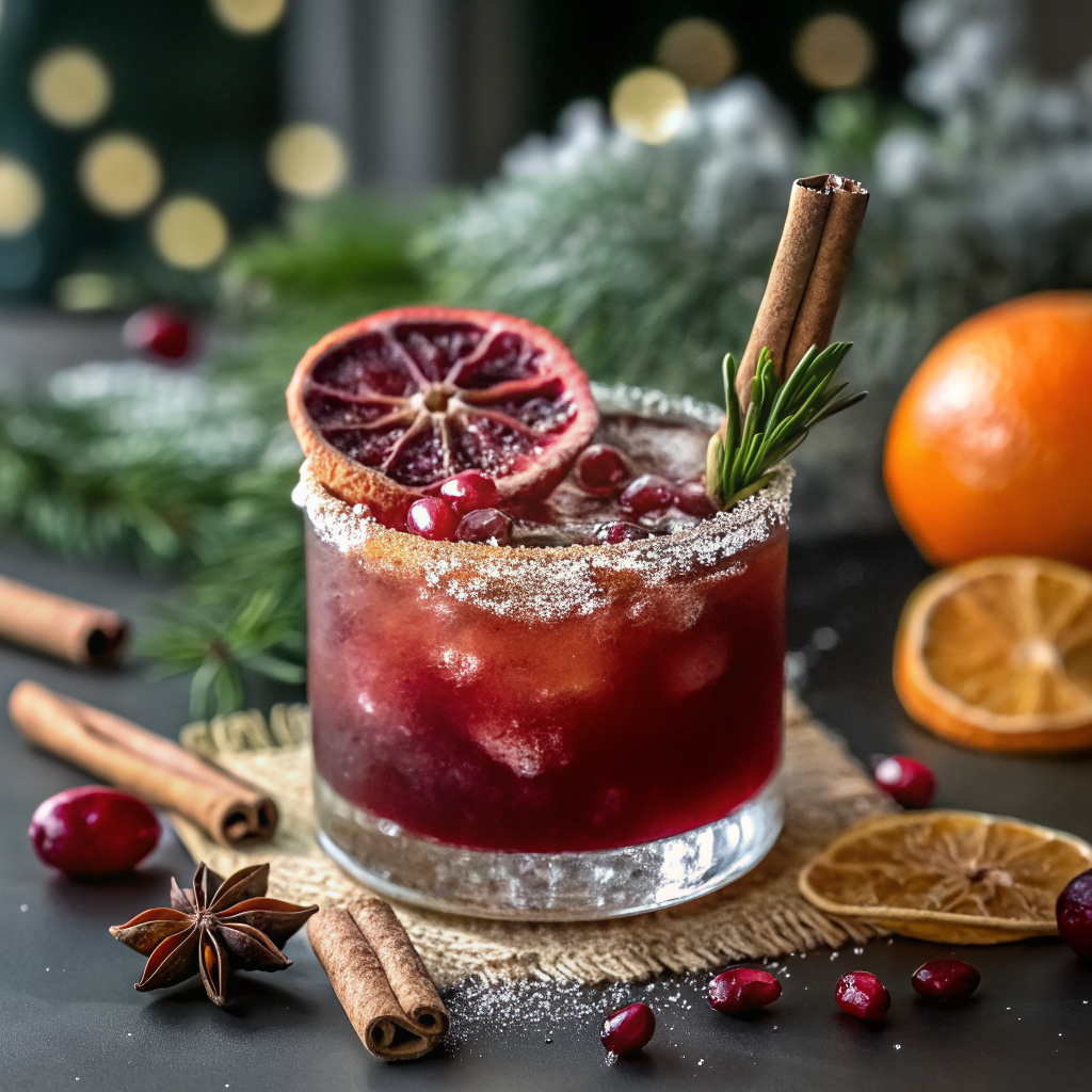 Beautifully presented Spiced Christmas Margarita with perfect cinnamon sugar rim and fresh rosemary garnish on elegant serving tray