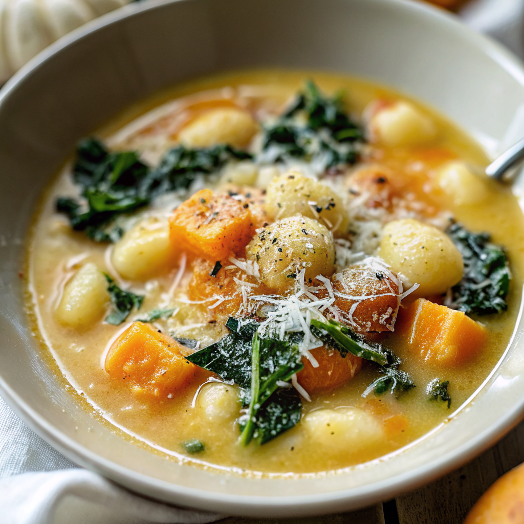 Beautiful bowl of finished savory butternut squash gnocchi soup garnished with fresh Parmesan cheese and herbs, served with crusty bread on the side