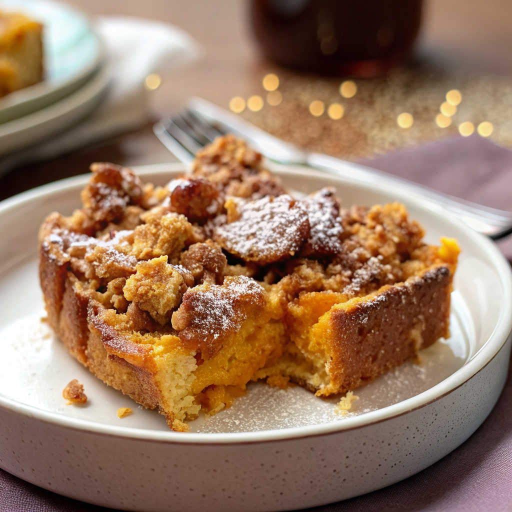 Beautifully plated Slow Cooker Pumpkin French Toast Casserole garnished with powdered sugar, maple syrup drizzle, and toasted pecans on an elegant white serving dish
